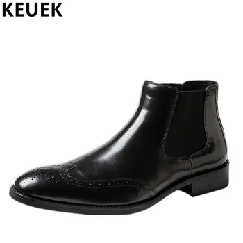 

British style Men Chelsea Boots Genuine Leather Breathable Bullock boots Pointed Toe Slip-On Ankle Boots 033