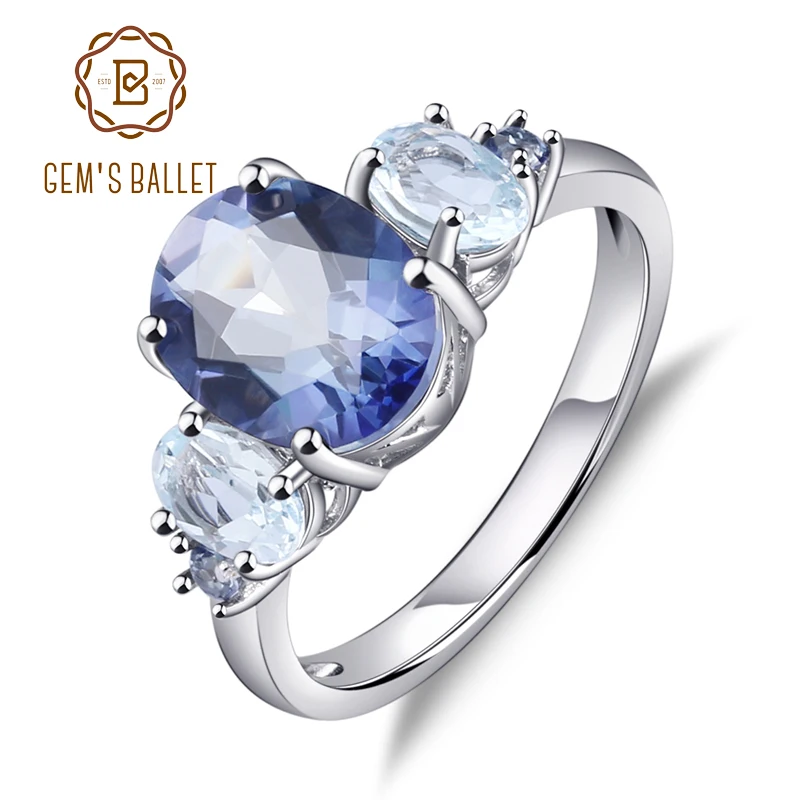 Gem's балетные Твердые 925 пробы серебряные ювелирные изделия 2.36Ct натуральный иолит голубой мистик кварц Небесно Голубой топаз кольца для