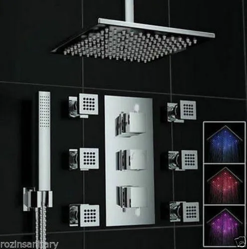 Полированный хром " светодиодный светильник дождевая душевая головка контроль температуры душа кран 6 шт. распылитель массажные струи+ ручной