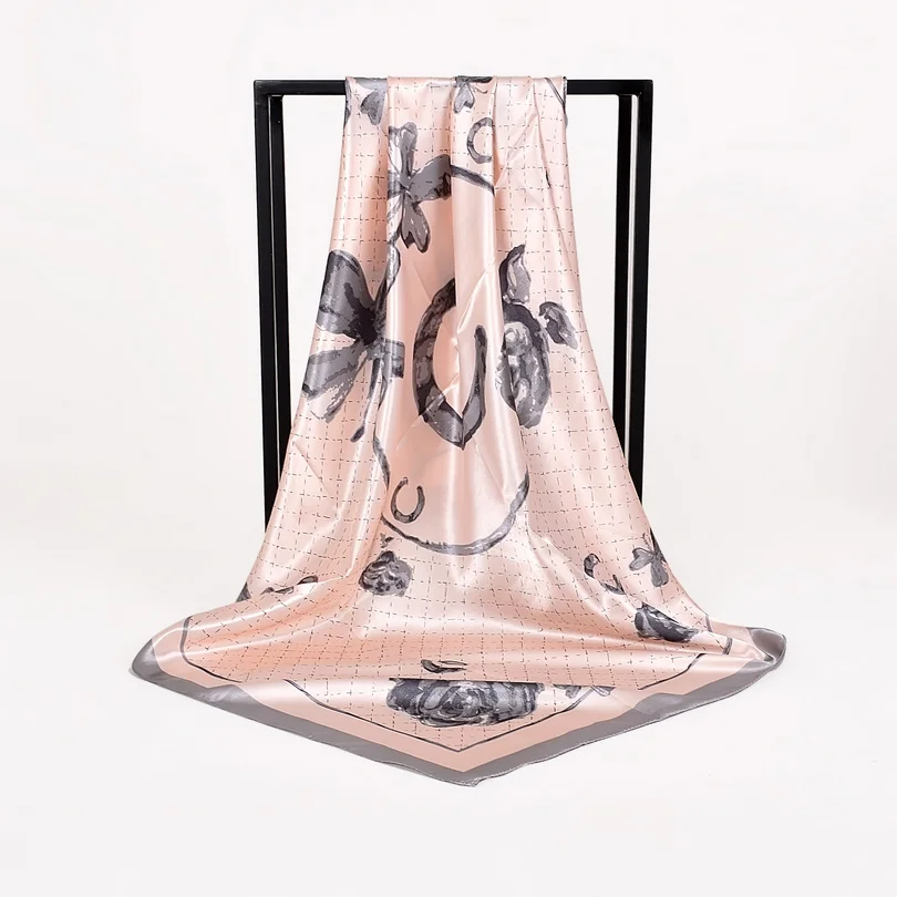 [BYSIFA] зимний квадратный атласный платок накидка темно-синий розовый пион шелковый шарф с рисунком шаль весна осень женский шарф головные уборы
