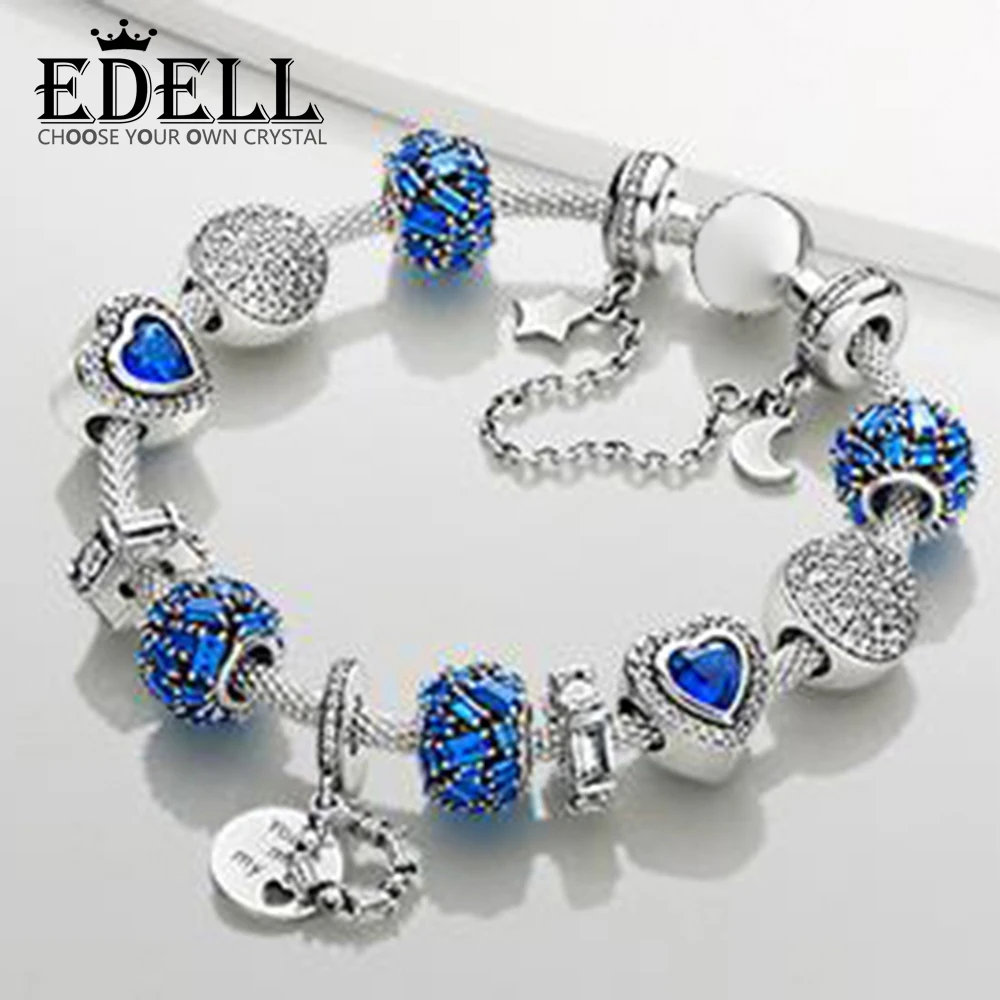 

EDELL 100% 925 Sterling Silver Winter Bracelet Set Night Blue Love Heart Charm PAVE SPHERE Chiselled Charm Galaxy Safety Chain