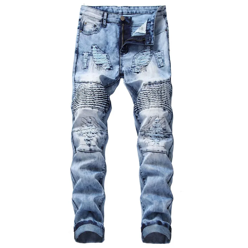 MORUANCLE мужские модные рваные мотоциклетные джинсы брюки с заплатками потертые байкерские джинсовые брюки для мужчин пэчворк Размер 28-40