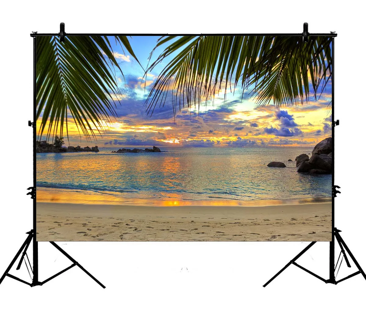

5x7ft Beautiful Sunset Beach Coconut Tree Golden Sky Clouds Polyester Photo Background Portrait Backdrop
