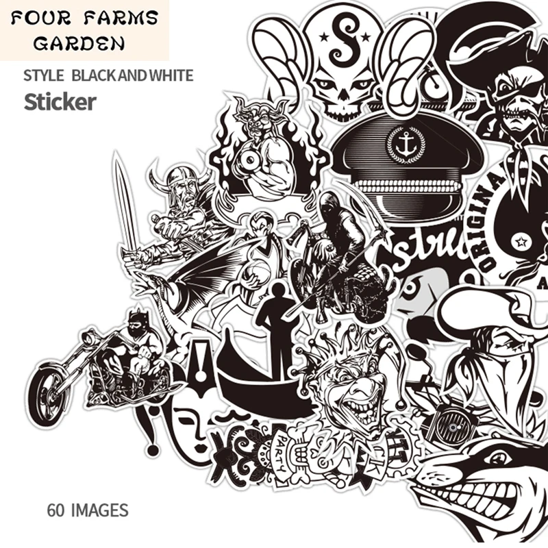 

60Pcs/Lot Mixed Hot Sale Black and White Toy Styling Laptop Stickers waterproof for Motorcycle Skateboard Doodle Toys Stickers