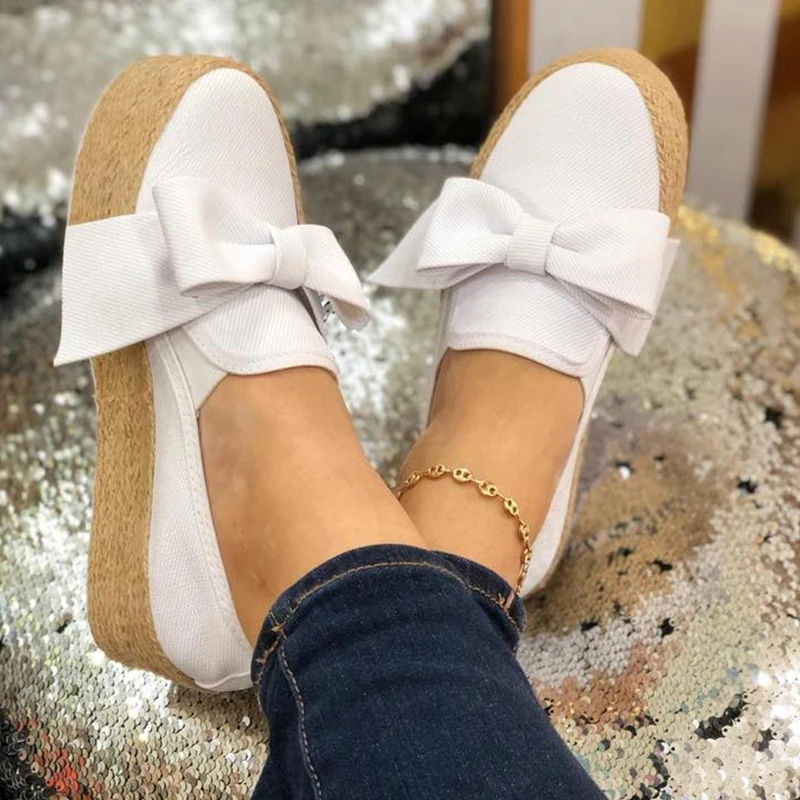 HEFLASHOR Espadrilles Women Flats Shoes Slip On Casual Ladies Shoes thick bottom Lazy Loafers Female Bow Tie Espadrilles - Color: White