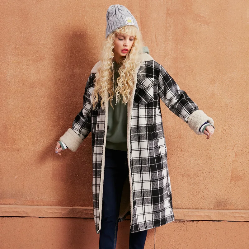ELF SACK Plaid Lambskin Women Winter Wool Coats British Womens Polyester Trun Down Collar Thick Outerwear Female Casual Coats ELF SACK Plaid Lambskin Women Winter Wool Coats British Womens Polyester Trun Down Collar Thick Outerwear Female Casual Coats