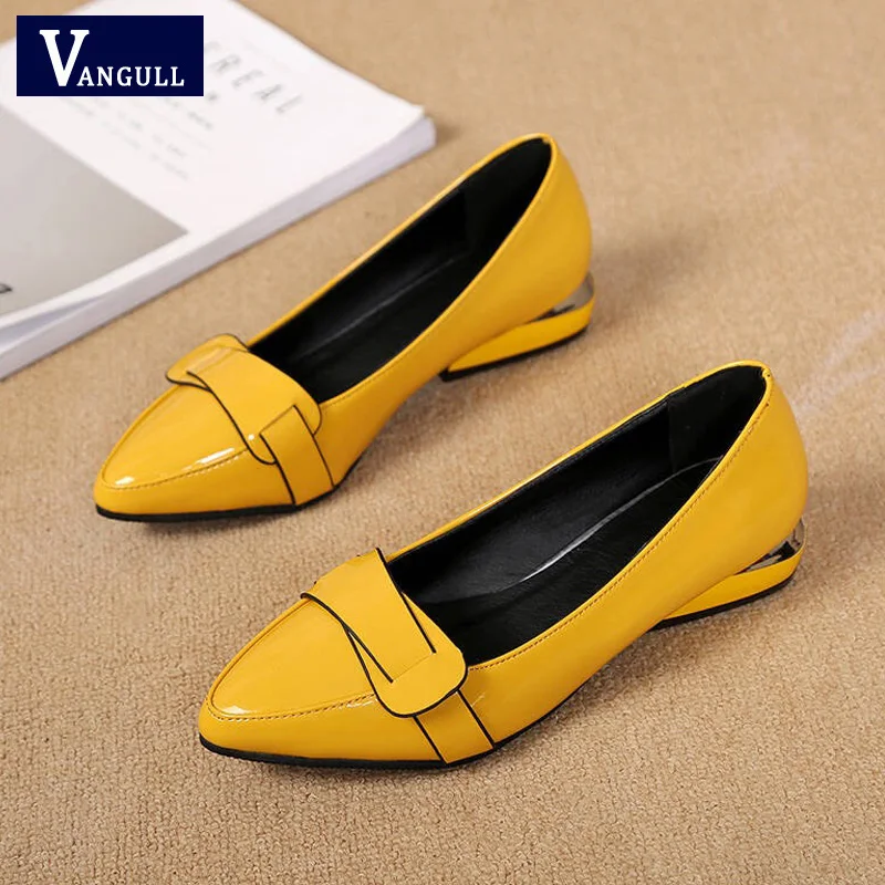 VANGULL Women Patent Leather Shoes OL Loafers Candy Colors Pointed Casual Low-heeled Female Sweet Buckle Boat Yellow Red Shoes