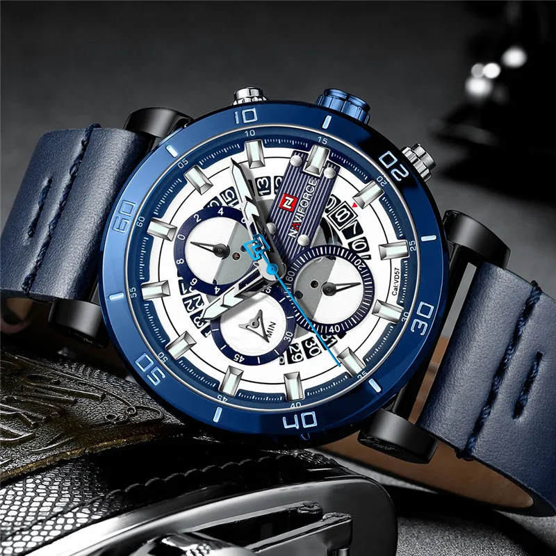 Мужские часы NAVIFORCE от ведущего бренда, роскошные спортивные часы с хронографом, военные армейские наручные часы, кожаные кварцевые мужские часы 9131