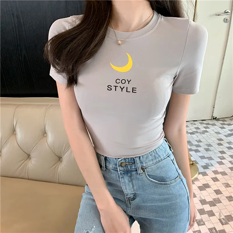 

Summer Women Top Tees Moon Letter Print O-neck Bottoming Short Top 2019 New Casual Slim Shirt Top Female