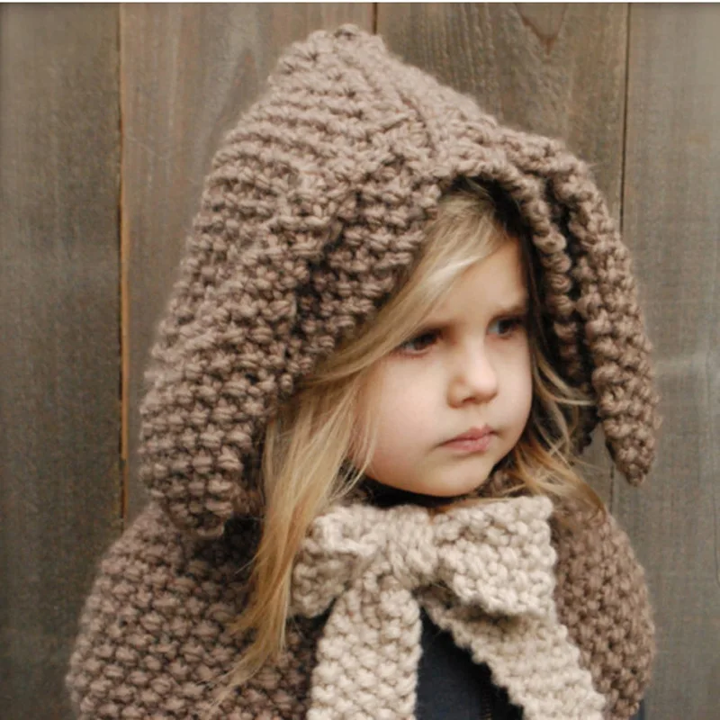 

2016 Winter Baby Hats & Caps Rabbit ear shawl Kids Wool Knitted Hats Baby Girls Shawls Handmade Knitted Baby Accessories