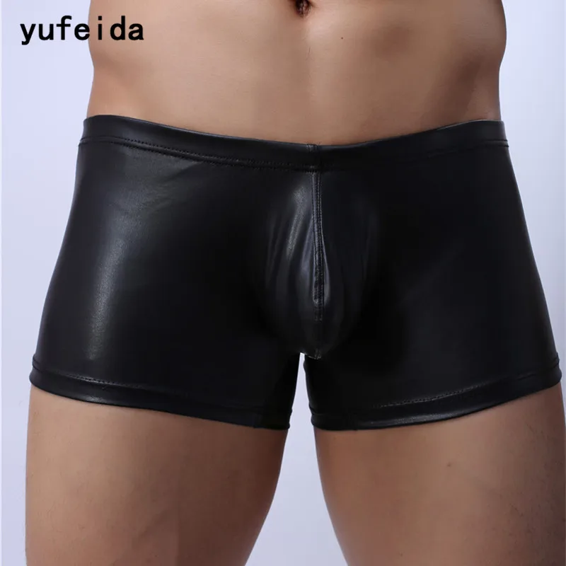 Best YUFEIDA Sexy Lingerie Men Underwear Black Imitation Leather Boxer Shorts Male Man Trunks Underpants Calzoncillos Hombre