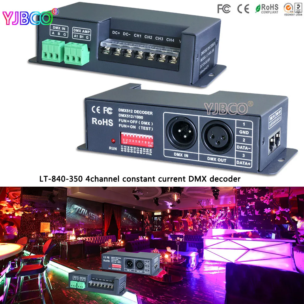 

LT-840-350 4CH DMX512 led constant current DMX-PWM Decoder;DC12V-DC48V input;350mA CC*4CH output led controller