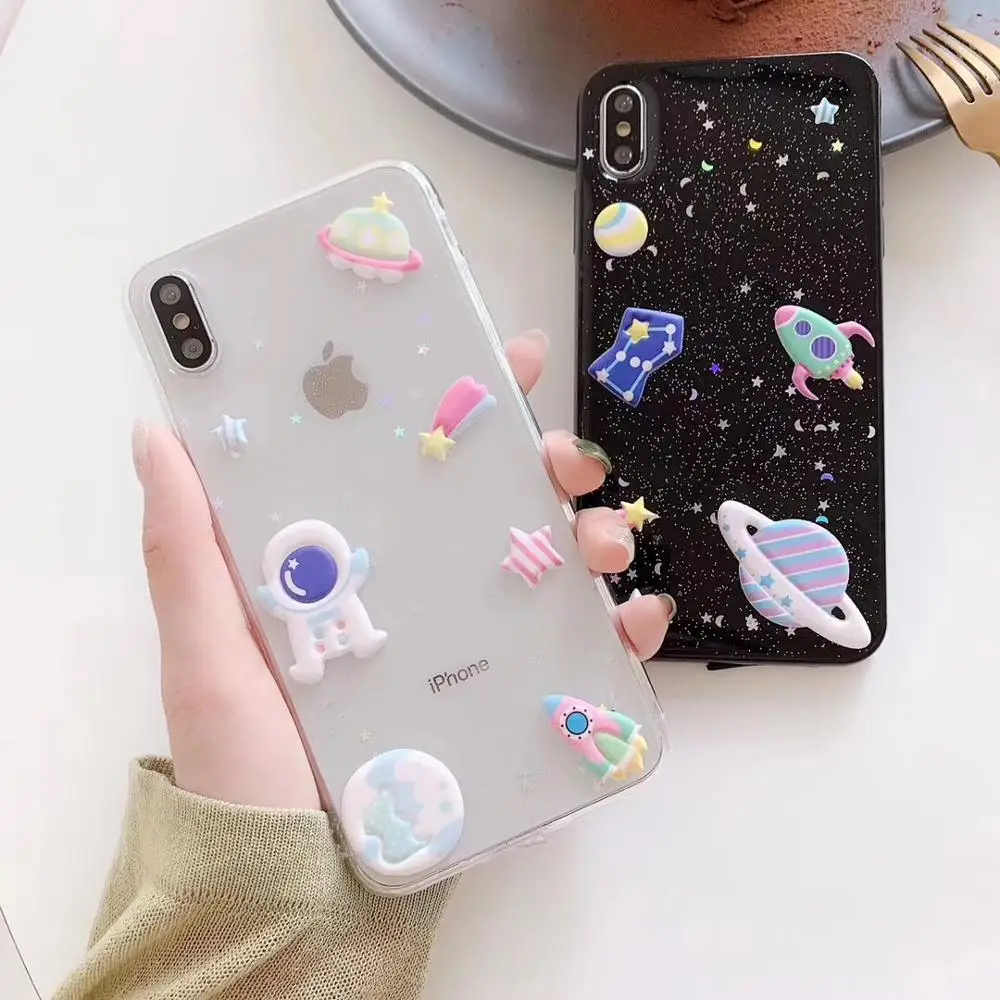 

INS 3D astronaut rocket Planet phone Cases for iphone XR X XS Max Shiny Space glitter silicon Case For iphone 7 8 6 6s plus