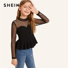 SHEIN/Детские топы в горошек с воротником-стойкой и сеткой с баской для девочек; коллекция года; летние облегающие блузки с длинными рукавами для девочек