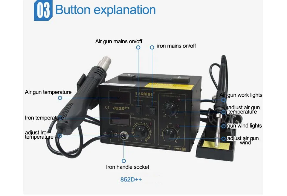 220 В/110 В Saike 852D++ тепловой пистолет горячего воздуха паяльная станция паяльник+ горячий воздух пистолет 400W