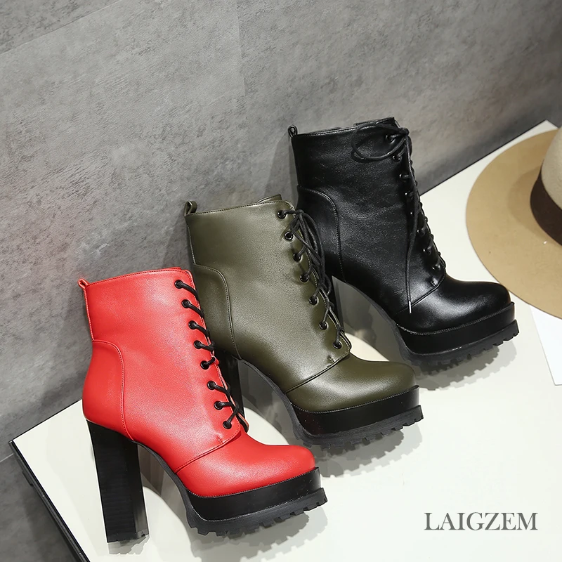 LAIGZEM FASHION Women Ankle Boots Platform Waterproof Lace Up Boots Chunky Stiletto Heels Botines Mujer Small Big Size 3-10.5