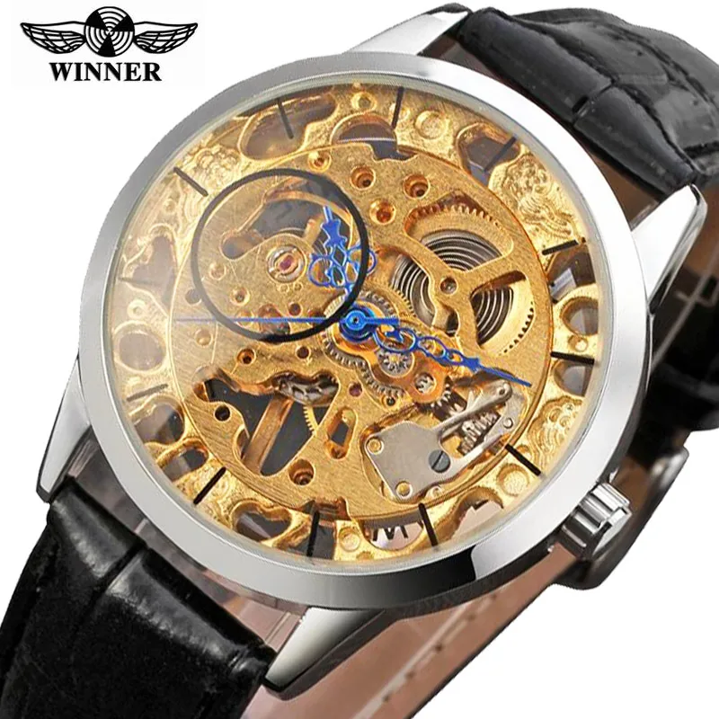 

WINNER 2018 Luminous Waterproof Mechanical Watch Men Leather Top Brand Luxury Watches Men Skeleton Watch Gold Black