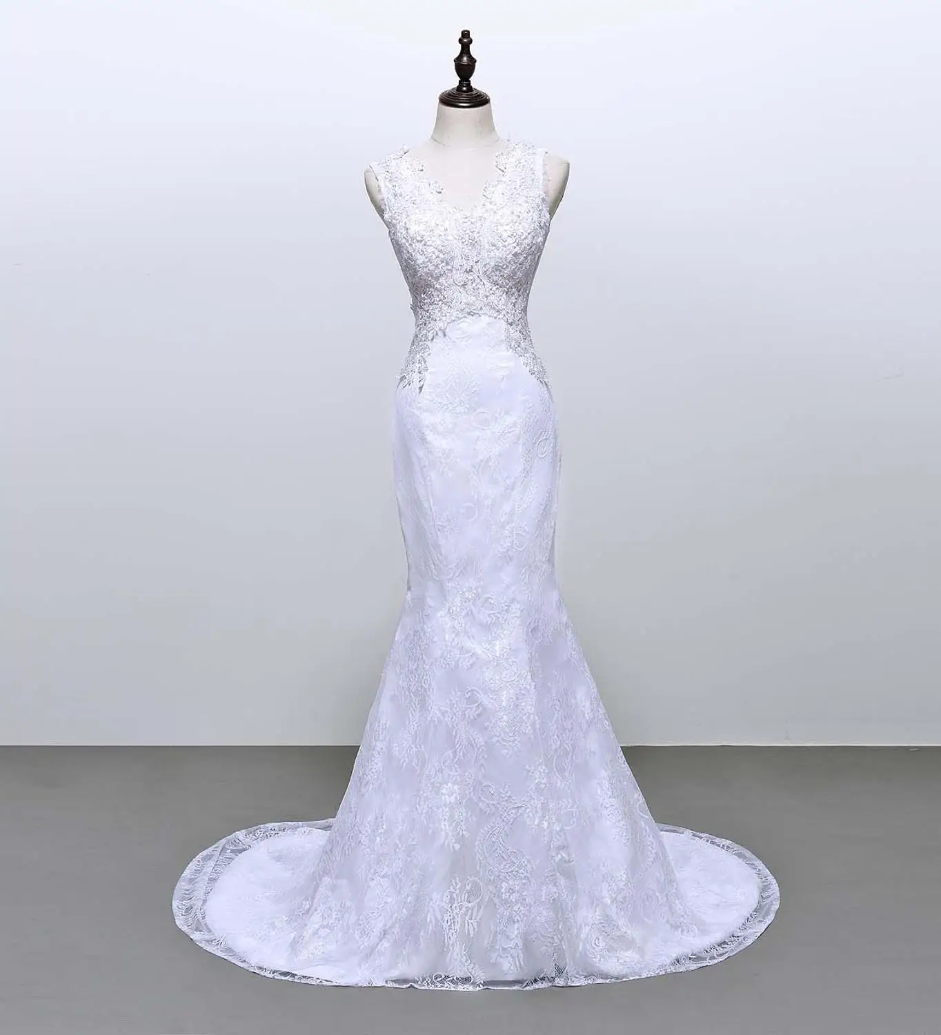Женщина с пикантными кружевными аппликациями кружева назад открытая спина Русалка без рукавов свадебное платье длинное свадебное платье с длинным подолом - Цвет: Белый