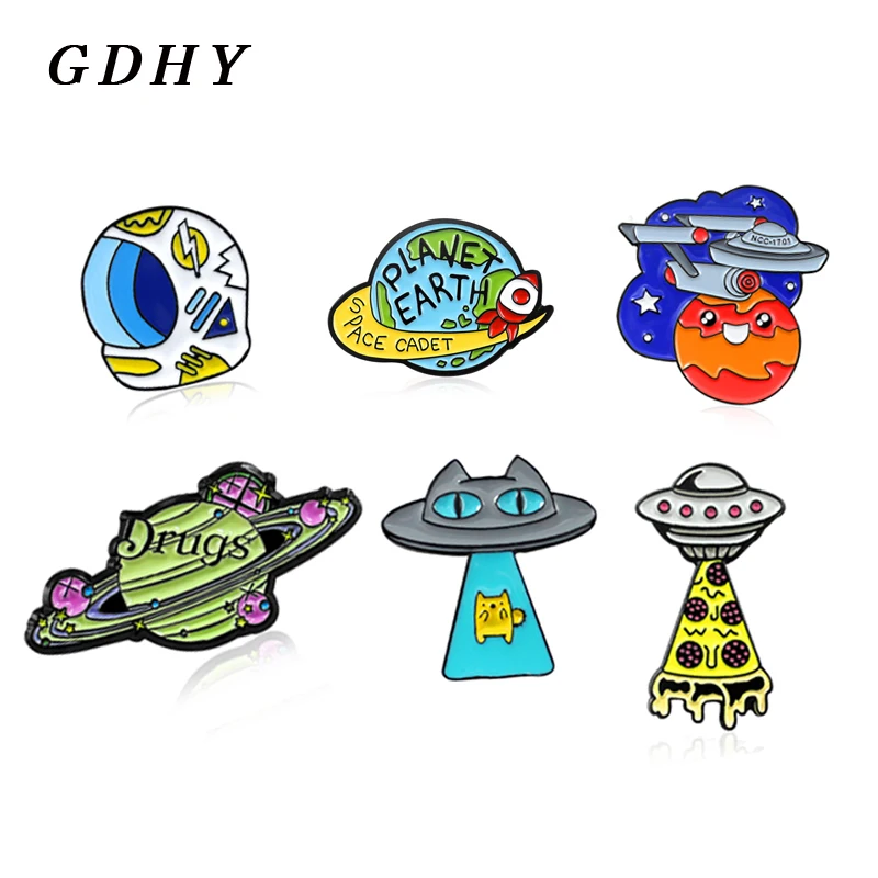 

GDHY Universe Brooch Cat UFO Yellow Pizza Space Astronaut Helmet NCC-1701 Spaceship"DRUGS"Earth Moon Enamel Pin Badge Brosche