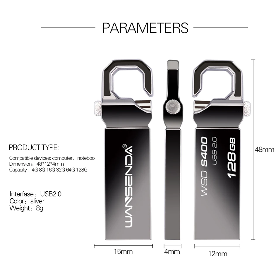 Wansenda Keychian USB Flash Drive 64 ГБ металлическая ручка привода 32 16 8 4 2.0 водонепроницаемый