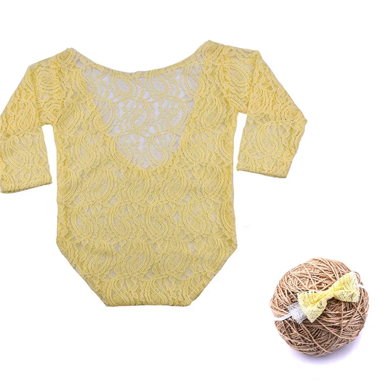 Baby Girls Lace Romper Newborn Photography Props Infant Photo Costume Deep V Back Lace Jumpsuit Headband Set Photo Shooting Prop vintage Baby Bodysuits