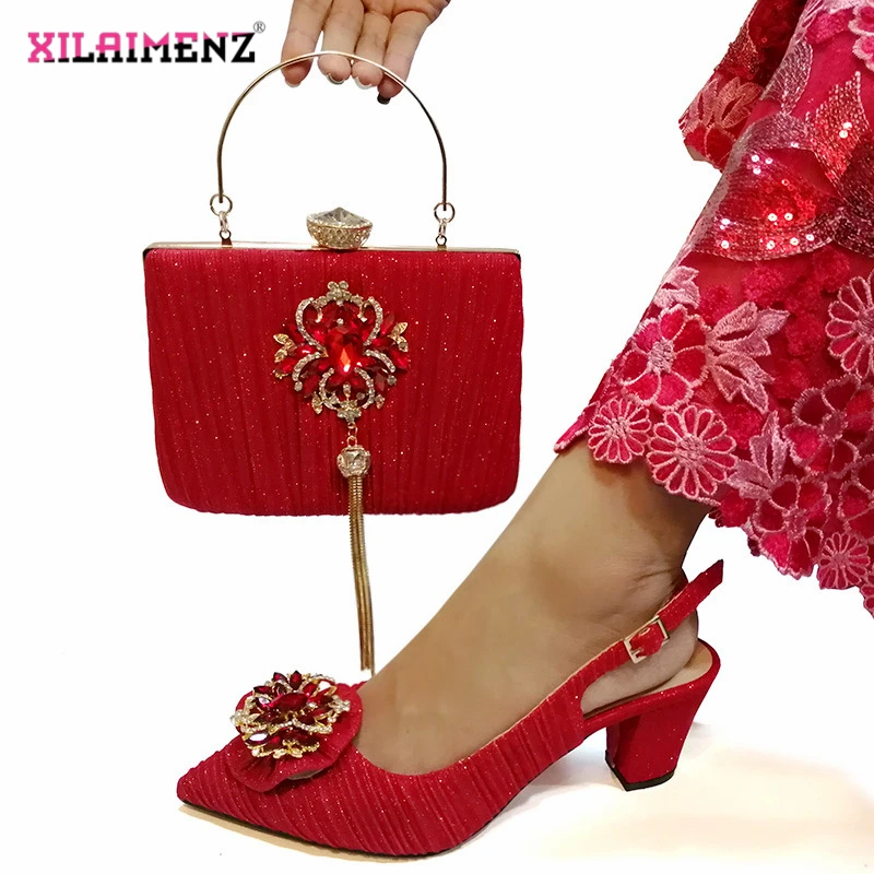 

Sweet Style Design Nigerian Sandals with Matching Bags Set Decorated with Rhinestone African Pointed Toe Shoes for Wedding