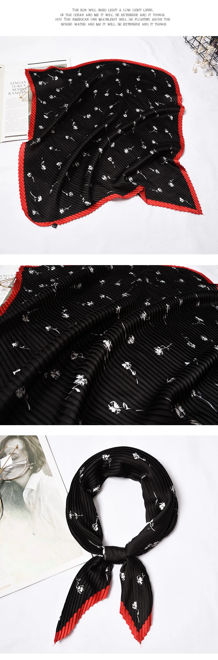 Сложенный плиссированный шелковый шарф, Изысканный Ретро Модный принт, украшение от морщин, солнцезащитный крем, дикое искусство, маленький квадратный шарф, размер 55*55 см