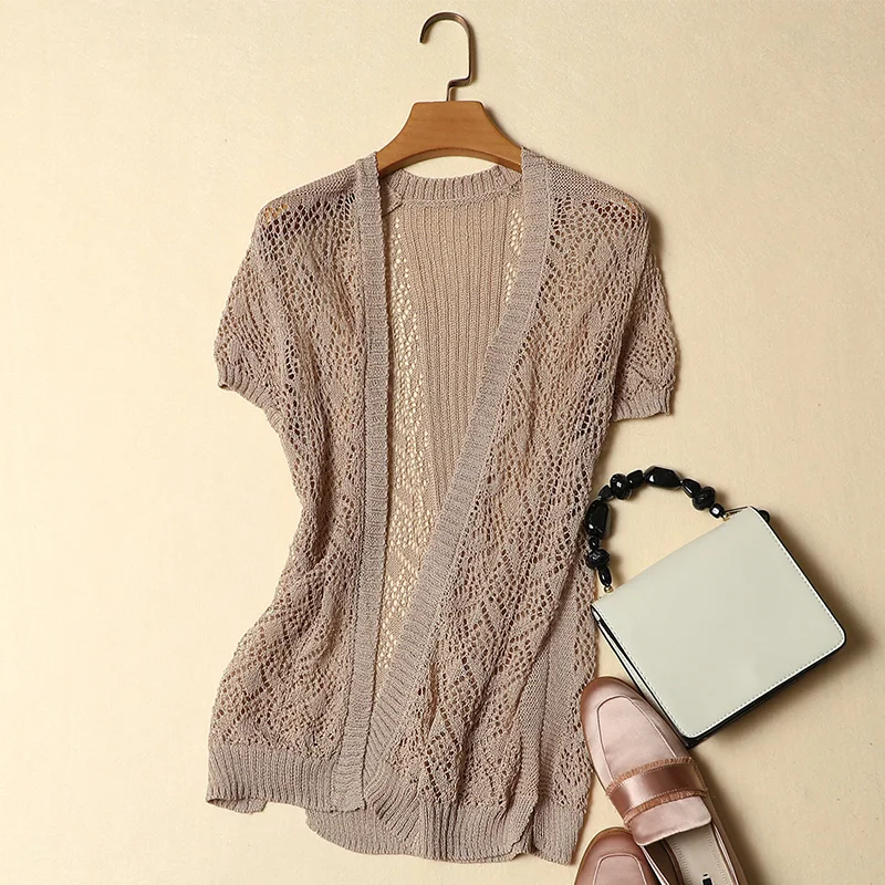 

100% linen 2019 short sleeved Cardigan Sweater loose sweater slim size office lady outwear coat tops 0.18KG