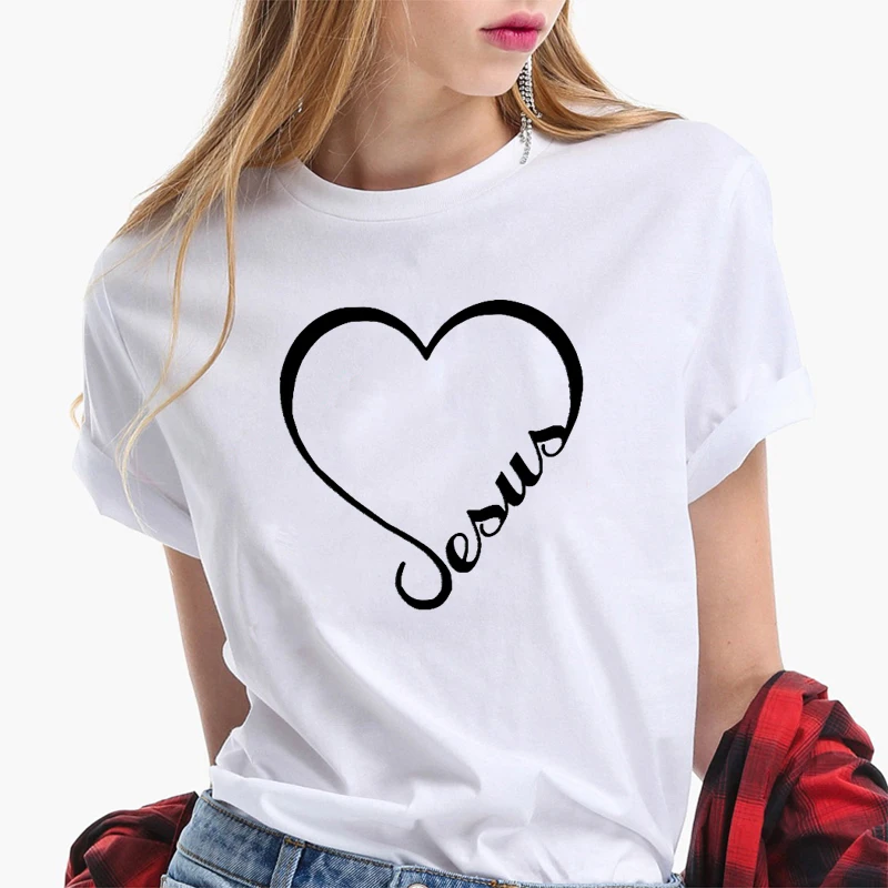

Jesus Print Heart-shaped T-shirt Women Short Sleeves Funny Faith Clothes Streetwear Casual Women Christian T Shirt Plus Size