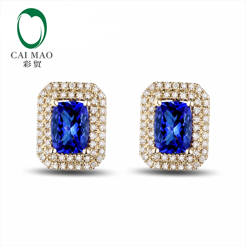 

Caimao 2.32ct Top Luster Violet Blue Cushion Tanzanite Halo Diamond Earrings Studs 14k Yellow Gold