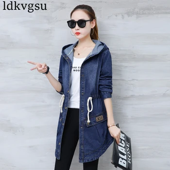 

2020 Denim Jackets Women Long Sleeve Hooded Jaqueta Jeans Jacket Plus Size Spring Autumn Denim Coat Jeans Tops Outwear 3XL A480