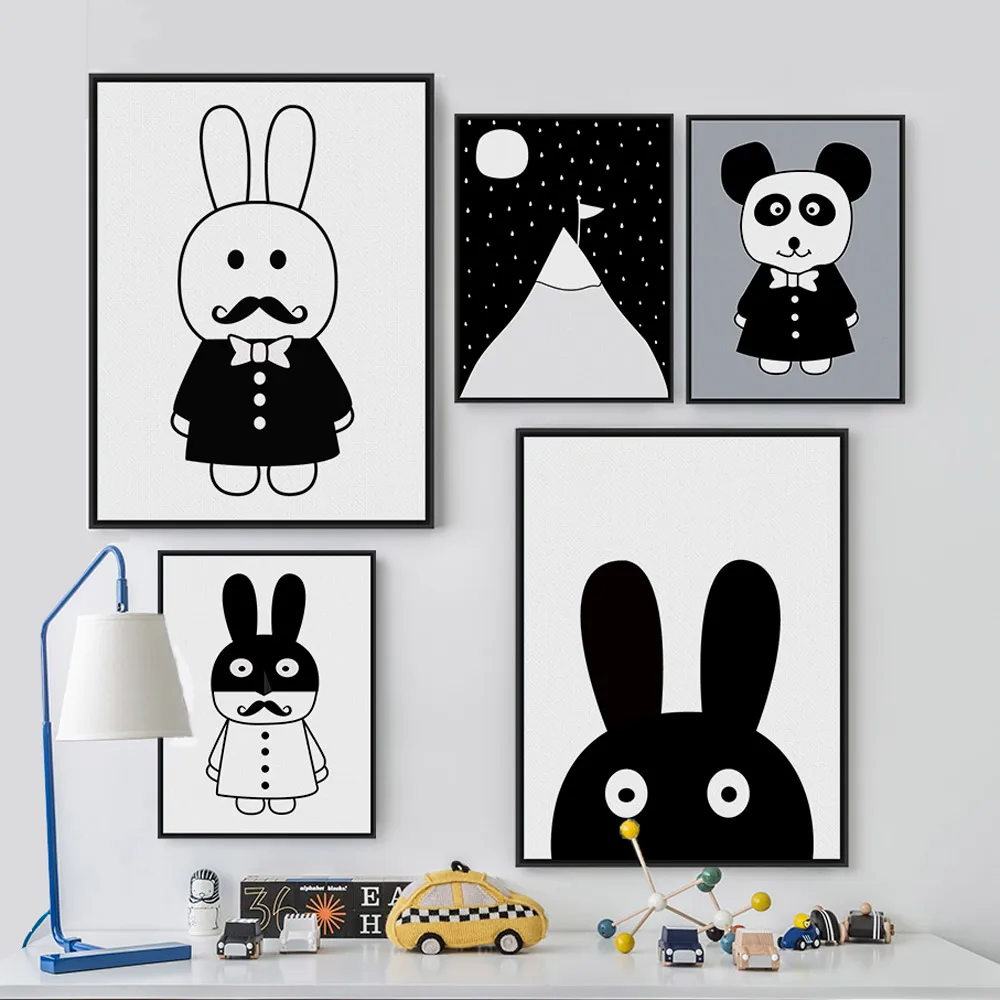 Modern Hitam Putih Lucu Kelinci Panda Poster Cetak A4 Bayi Nordic