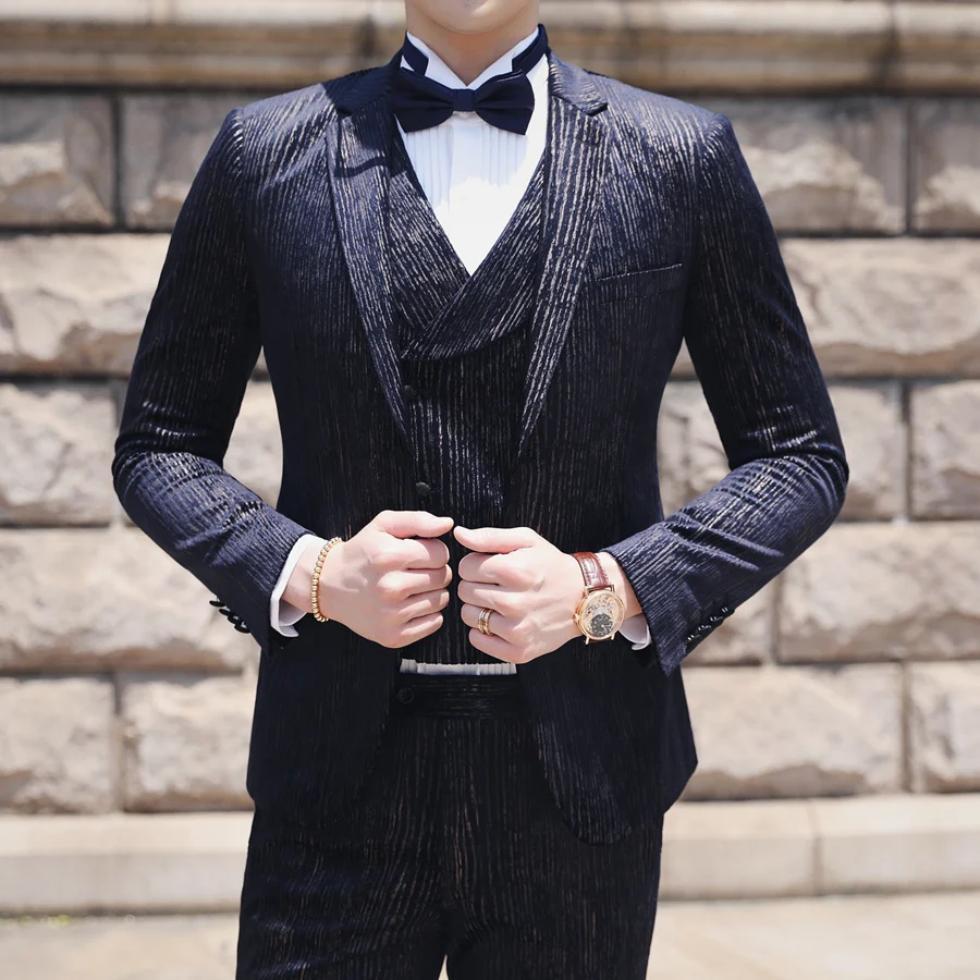 

Party Prom Suits For Men Slim Fit 3 Pieces Velvet Suit Man Wedding Costume Homme Mariage Elegant Decent Dinner Suit Male Q673