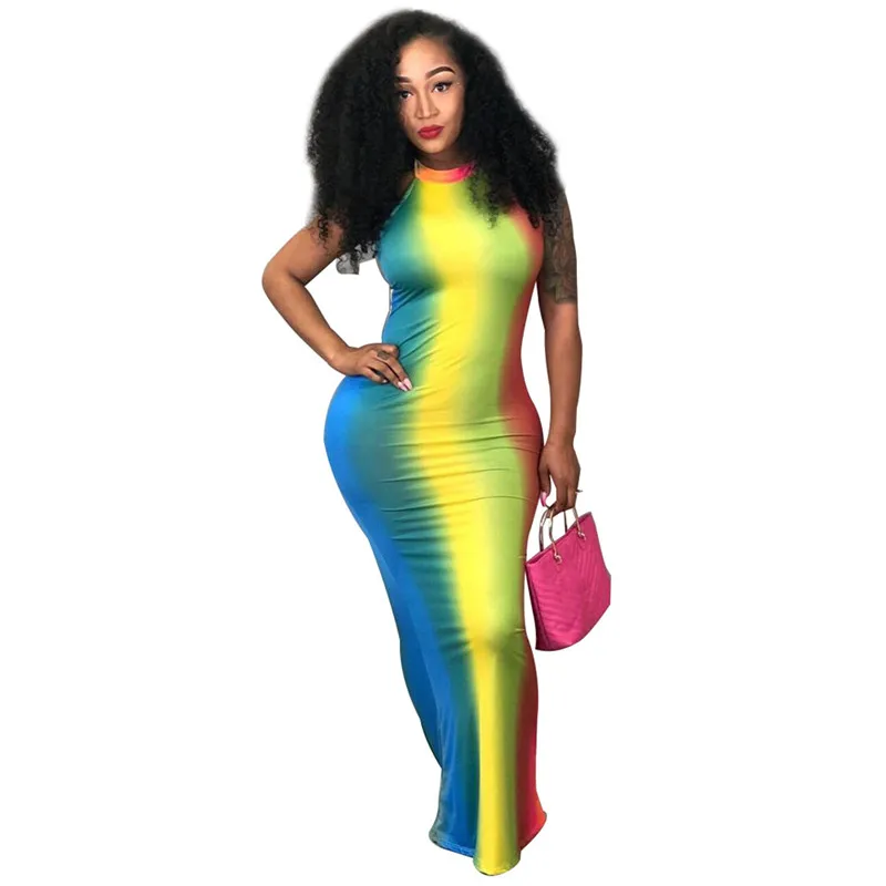 Fashion Tie Dye Long Dress Ladies Summer Halter Sleeveless ...