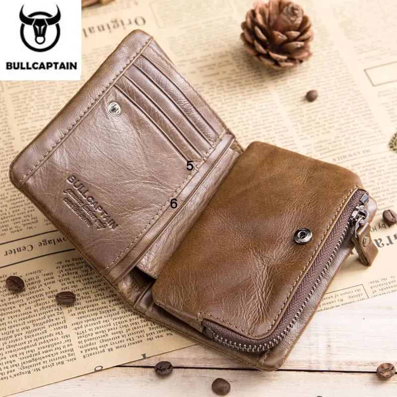  BULLCAPTAIN Short Tri-Fold Buckle Zipper Wallet Men's Cow Leather Wallet Coin Purse Money Bag Busin