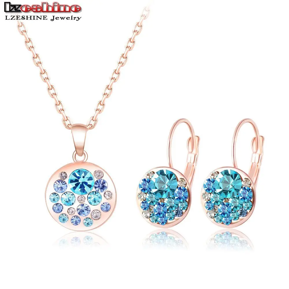 

LZESHINE New Arrival Round Blue Crystal Set Rose Gold Color Pendants Necklaces /Earrings Stud 2pcs Jewelry Set/Arete ST0152