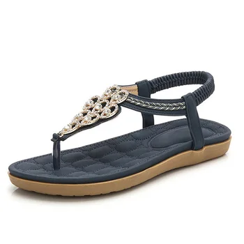 

HOVINGE Summer Women New Flat Heels Bohemia Sandals Crystal Casual Comfort Plus Size Shoes Woman Elastic Band Solid Footwear