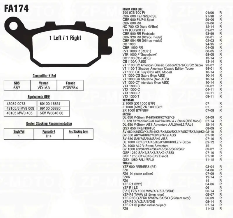 Керамические тормозные колодки для YAMAHA сзади FZ6 04-07 YZF 600 R6 05-14 FZ8 11-13 MT-09/MT-09SR 14-FZ1 06-14 YZF R1 04-14 MT-07/MT-07A 14