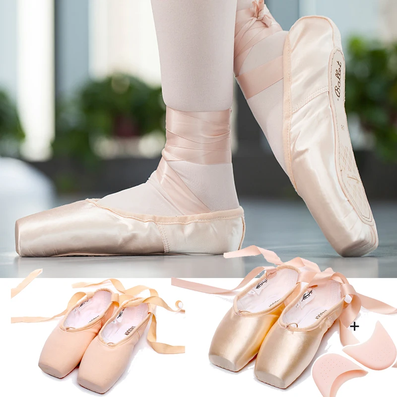 New Satin Ballet Dance Pointe Toe Shoes Canvas Pointe Silk Ribbon Shoes Toe Pad Girls Pink 