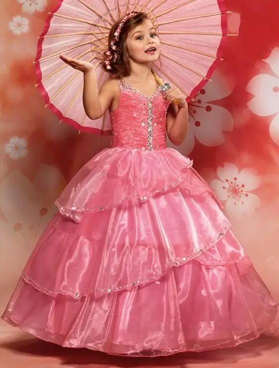 2017 Rose Pink Ball Gown Flower Girl Dresses Long Pageant Dresses For Kids Crystal Organza For