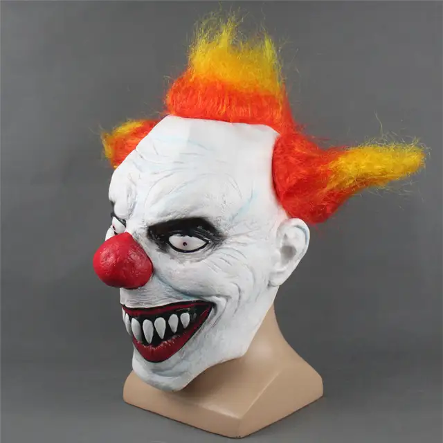 Scary Joker Clown Mask With Orange Hair Wide Smile Latex Evil