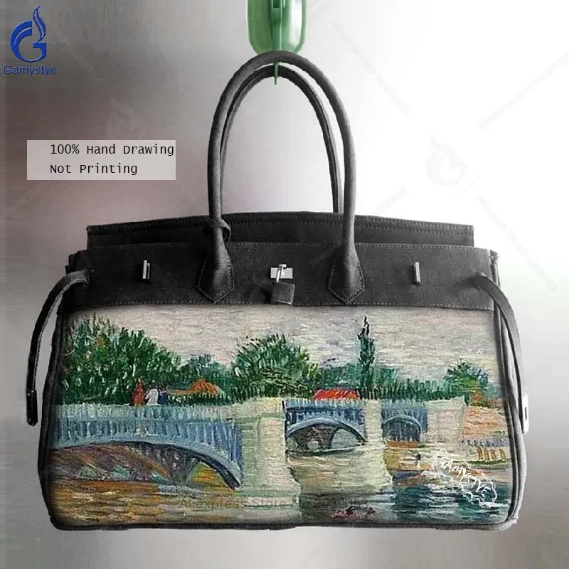 

Customize Bags Hand Painted Landscape Prints Crossbody Bags Japan Style With Lock Women Messenger Handbags Men Canvas Bag Totes