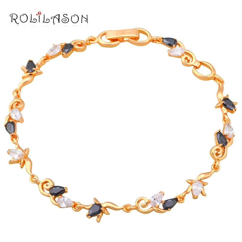 ROLILASON черный оникс и белый кристалл AAA кубического циркона Золотой Браслеты для