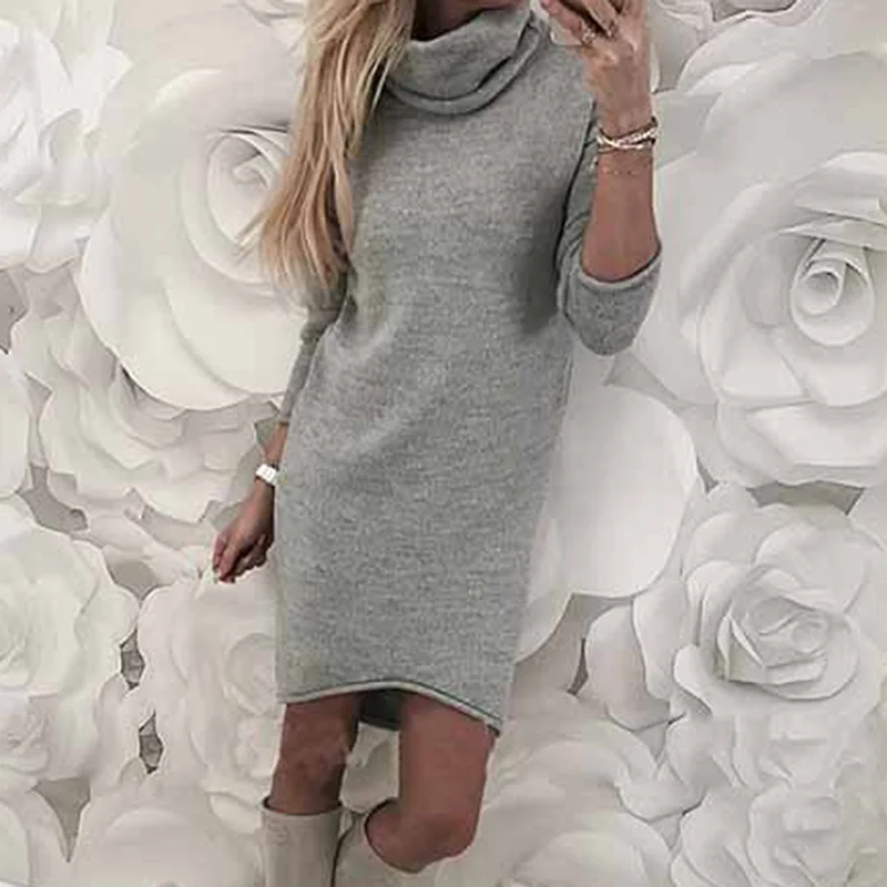 

2019 Womens Cowl Neck Sweaters Ladies Loose Long Sleeve Oversize Sweater Jumper Tops Coat Mini Knitted Dress