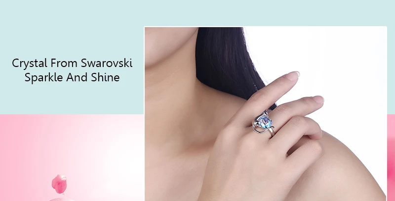 Милое кольцо с голубым кристаллом Swarovski для женщин, 925 пробы Серебряное кольцо, регулируемый размер, милые ювелирные изделия для свадебной вечеринки