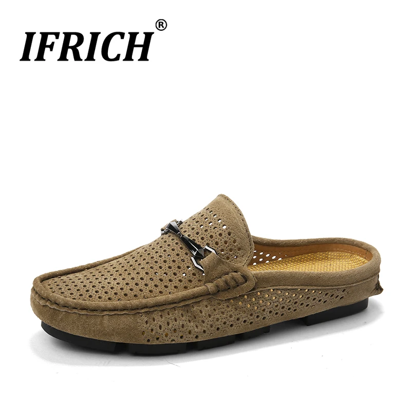 

New Cool Adult Casual Shoes Designer Man Casual Half Drag Shoes Summer Fretwork Flats Sneakers Handmade Leather Half slippers