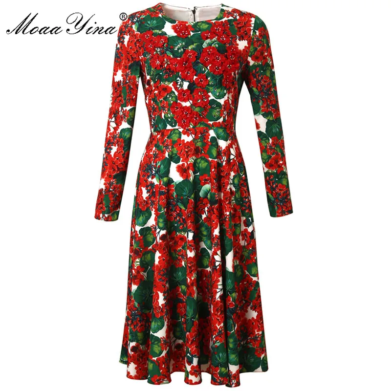 

MoaaYina Fashion Designer Runway dress Spring Autumn Women Dress Long sleeve Crystal Applique Floral-Print Dresses