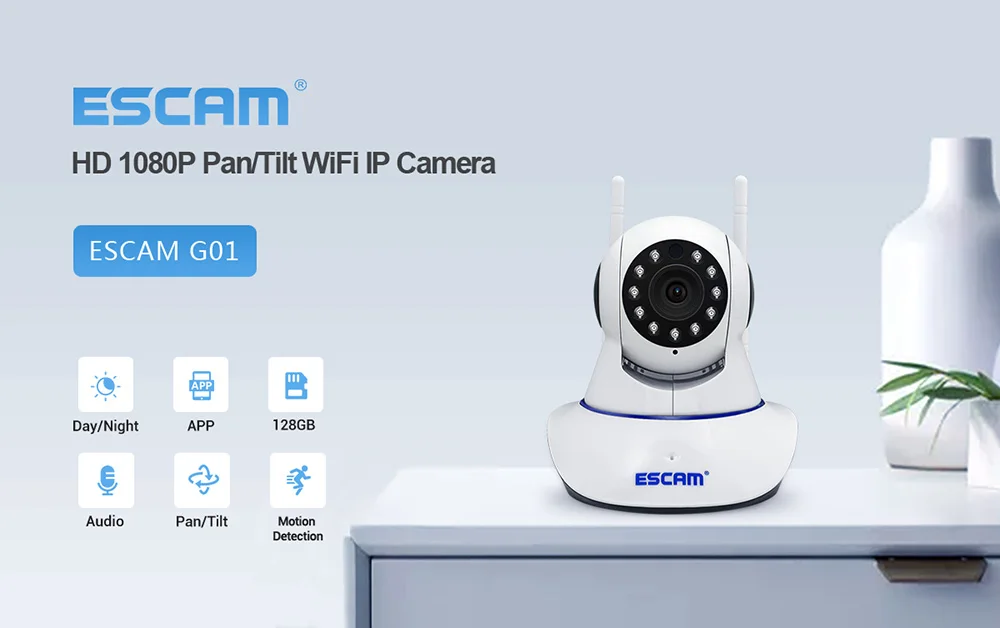 ESCAM G01 IP Network Camera Remote Viewing Move Detection Night Vision 1080P PTZ Support ONVIF Max Up to 128GB Video Monitor