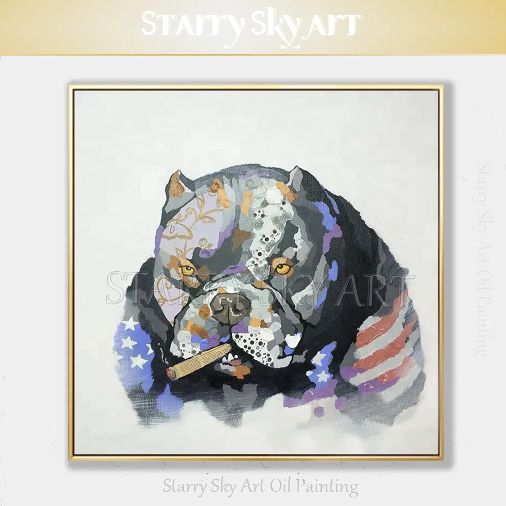 

Free Shipping High Quality Hand-painted Bully Dog Smoking Oil Painting on Canvas Handmade Animal American Bully Dog Oil Painting