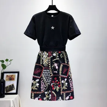 

Summer New 2piece set Women Elastic Waist Floral Embroidery Bodycon Mesh Skirt and Loose Star Diamond Black Tshirt Sets